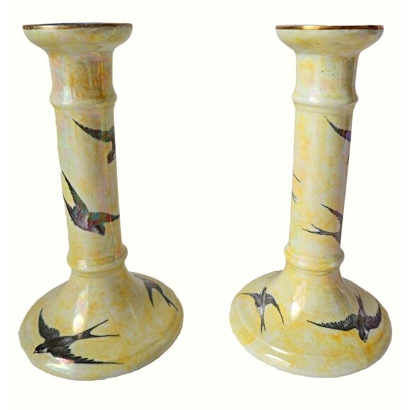 Antique Grimwades Swallows Candle Holders Hard to Find England Yellow Lusterware - Picture 4 of 8